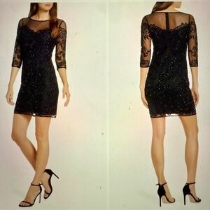 Pisarro Nights Black Beaded Illusion Mesh Cocktail Sheath Dress Size 2
